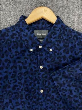 Bonobos Button Down Shirt Men XL Slim Camo Leopard Print Navy Blue Short Sleeve